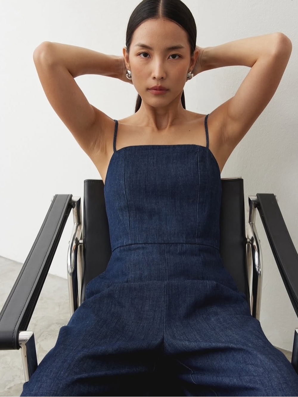 GUESS Dark Blue Denim Spaghetti-Strap Jumpsuit